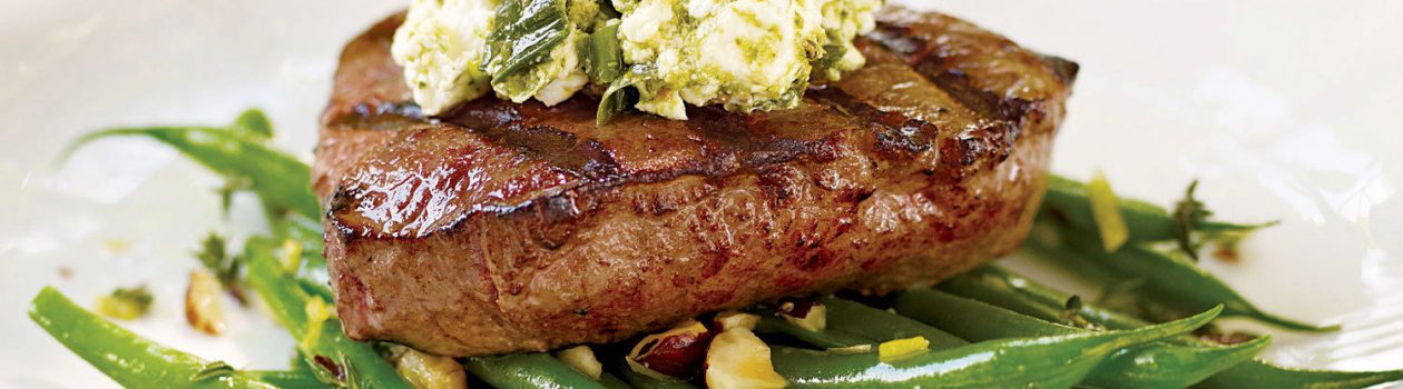 Grilled Steak with Green Onion & Goat Cheese Topping