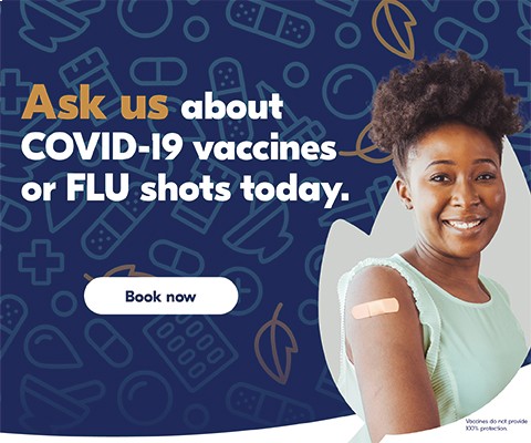 Text Reading 'Ask us about Covid-19 vaccines or flu shots today. Click on 'Book now' button given below.'