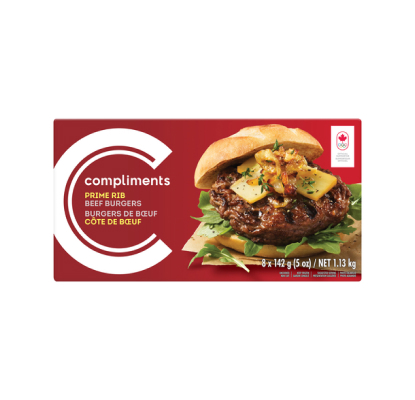 Box of frozen Compliments Prime Rib Beef Burgers