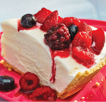 Vanilla ice cream pie topped with fresh summer berries.