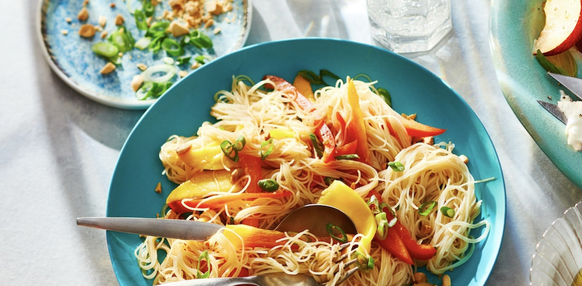 Bowl of thai noodle salad with fork