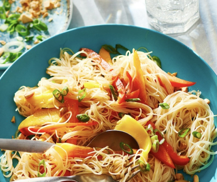 Bowl of thai noodle salad with fork