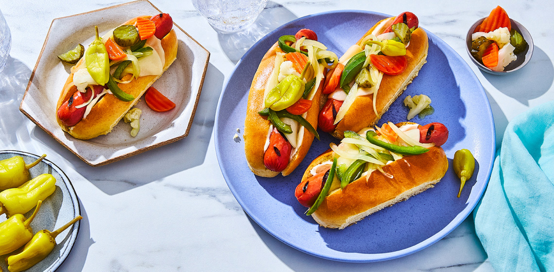 Italian-style beef beef hot dog with pickled spicy peppers and vegetables