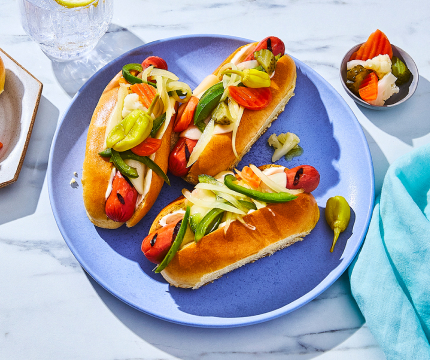 Italian-style beef beef hot dog with pickled spicy peppers and vegetables