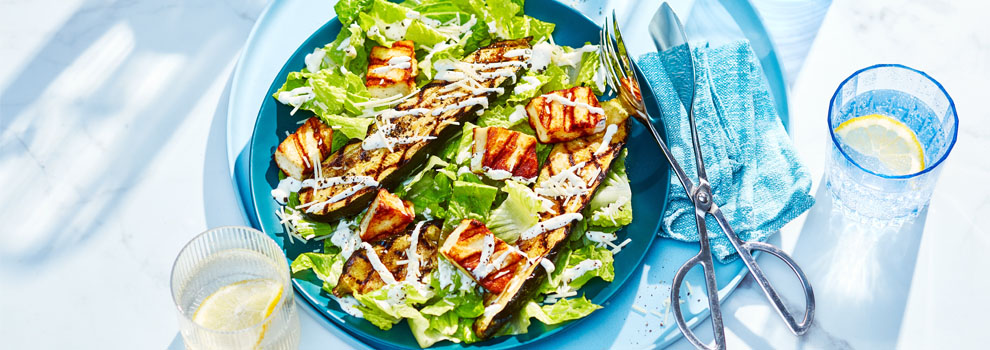 platter of Grilled Zucchini Caesar Salad with Halloumi Cheese Croutons