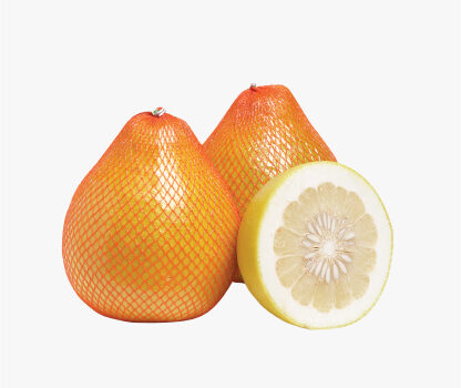 3 pomelos in a pile with one sliced open